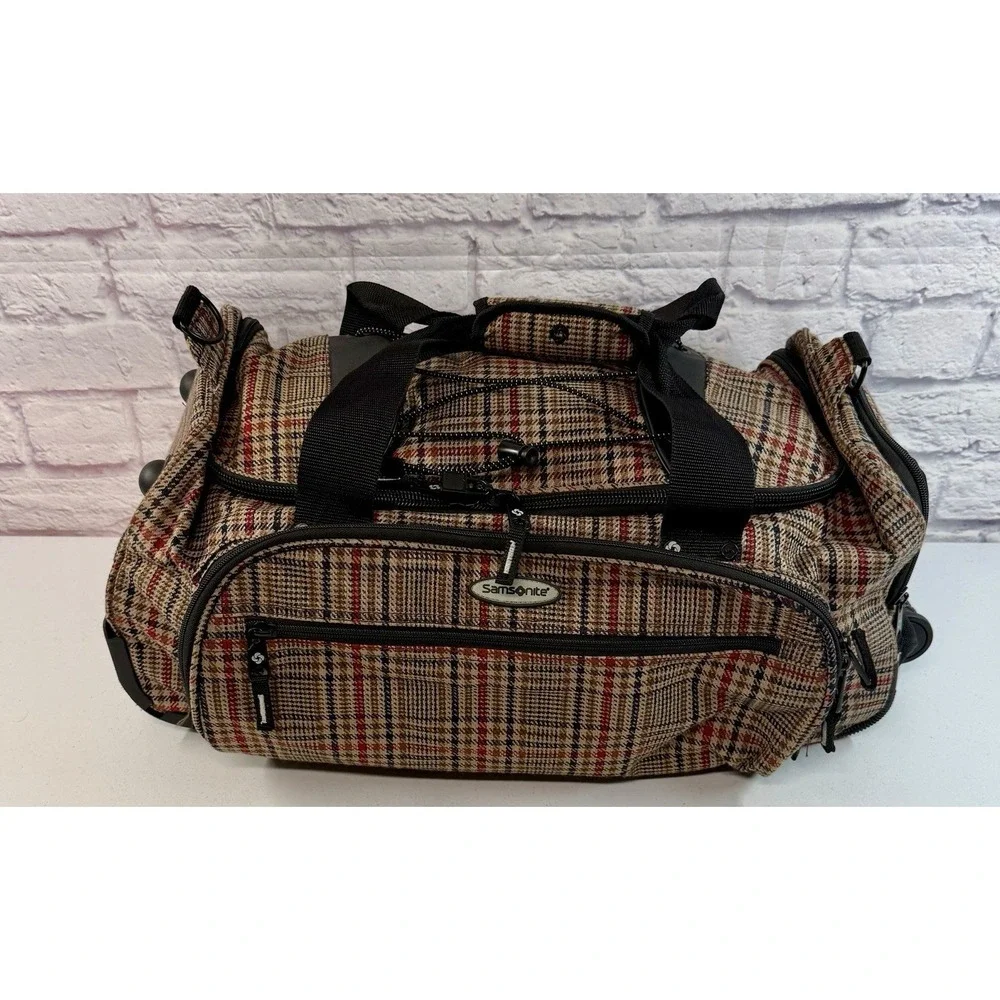 Vintage Samsonite Rolling Duffel Bag Carry On Woven Plaid Herringbone Wheels 24